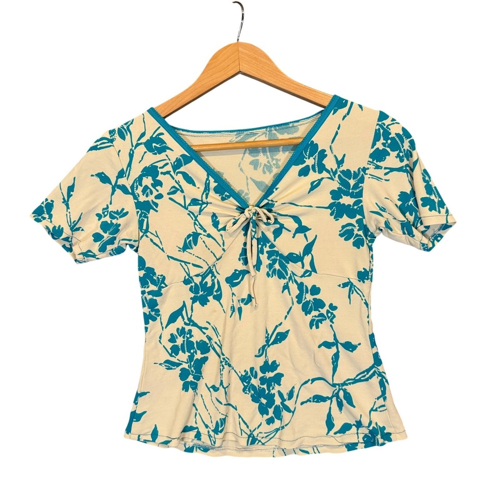 Unbranded Floral V-Neck Top Womens Tie Front Small Teal Cream Y2K Cottagecore